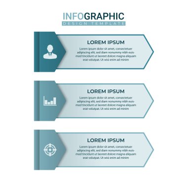 Modern yatay etiket bilgileri 3 adım ögesinde. Simgelerle iş bilgisi grafik şablonu
