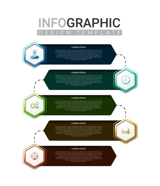 Realistische Infografik Schritten Horizontale Infografik Mit Farbenfrohem Verlauf Sechseckiger Form — Stockvektor