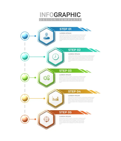 Ρεαλιστική Ετικέτα Infographic Βήματα Οριζόντια Infographic Πολύχρωμο Βαθμιδωτό Εξαγωνικό Σχήμα — Διανυσματικό Αρχείο