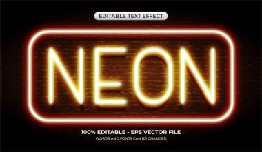 Tuğla duvar arka planında gerçekçi parlak neon metin efekti. Metin karanlıkta parlıyor