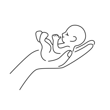 Doğrusal el ve yeni doğan. Bir kadının elinde küçük, mutlu bir bebek. Tıbbi bakım konsepti, çocuk sigortası, bebek partisi kartı. Tebrikler. Beyaz arkaplanda küçük ince çizgi işareti