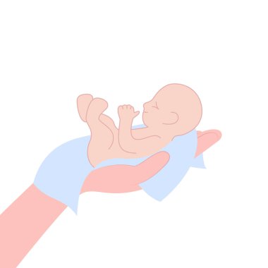 Bebek ve bebek bezi bir kadının elinde. Mutlu tatlı uyuyan bebek. Tıbbi bakım konsepti, çocuk sigortası, bebek partisi kartı. Tebrikler. Beyaz arkaplanda basit minimal tasarım işareti