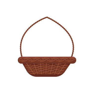 brown wicker empty basket. traditional Easter picnic willow wicker basket with handle empty closeup. doodle flat minimal style. isolated image on white background