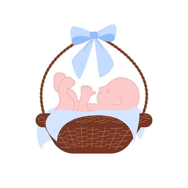 Baby Boy Basket Blue Bow Holiday Event Message Concept Newborn — Stock Vector