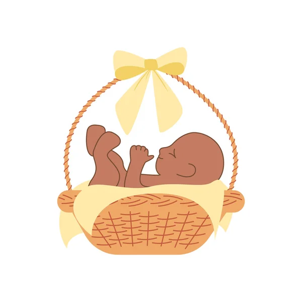 Baby Basket Yellow Bow Holiday Event Message Concept Newborn Baby — Vetor de Stock