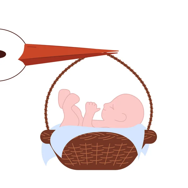 Baby Basket Stork Holiday Event Message Concept Newborn Baby Arrival — Stockvektor