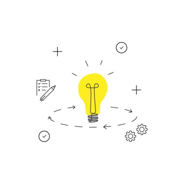 Basit sarı ampullü soyut içgörü simgesi. Vuruş sanatı tarzı trend modern grafik tasarım elementi beyaz arkaplanda izole edildi. Kolay strateji uygulaması kavramı veya ürün kontrolü veya beceri ölçüsü