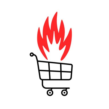 black shopping trolley with fire like hot sales. simple design buyer logotype element graphic for business or web. concept of commercial activity and eshop or express courier service or shipping badge