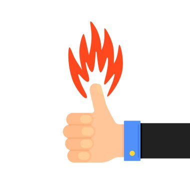 cartoon thumb up icon with red flame on finger. concept of validate button and trust or confirm message. flat modern design isolated on white background or minimal web graphic verify logo element