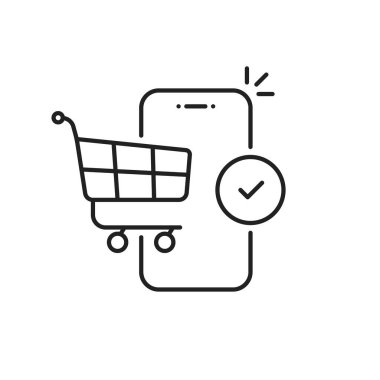 eshop icon like thin line trolley with smart phone. concept of ecommerce or electronic shopping or commercial activity. simple stroke design linear e-shop logotype element graphic for web or business