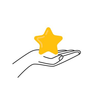 thin line hand holding star like customer review. flat linear art logotype modern minimal design or web graphic element isolated on white. concept of consumer satisfaction or vip service for customer