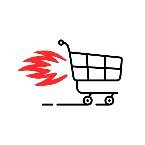 hot sale icon like shopping trolley with flame. concept of commercial activity and eshop or express courier service or shipping badge. simple design buyer logotype element graphic for business or web