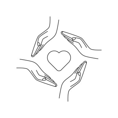 İnce çizgili gönüllü olma ya da elleri olan bir hayır işi ikonu. Çizgi çizimi tasarımı ya da web için basit grafik logoti elementi. İnsani yardım ve bakım evi için kar amacı gütmeyen fon kavramı