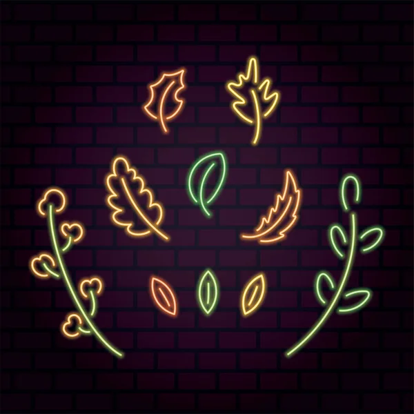 Luminoso set al neon di foglie ed erbe. Estate e autunno collezione di icone — Vettoriale Stock