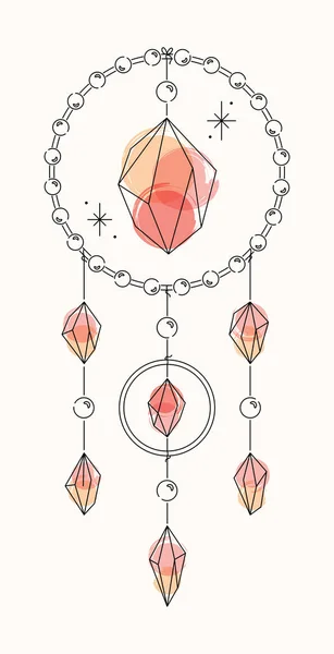 Vector bright lineart sketch pink coral crystal dreamcatcher. Pixiecore and fairycore — Stock Vector