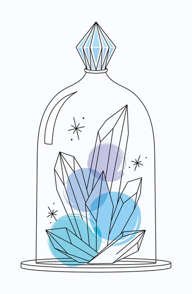 Vetor brilhante lineart esboço cristais de quartzo azul em uma cúpula de vidro. Pixiecore e fairycore Ilustração De Stock