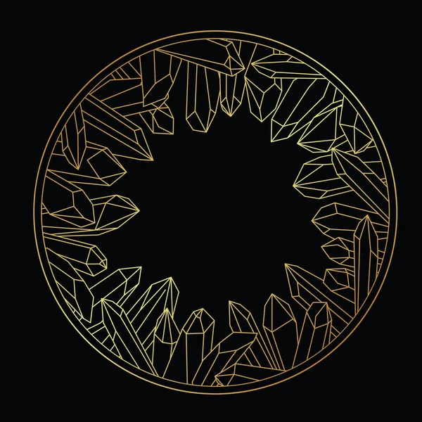 Cadre rond doré avec contours de cristaux de guérison sur noir — Image vectorielle