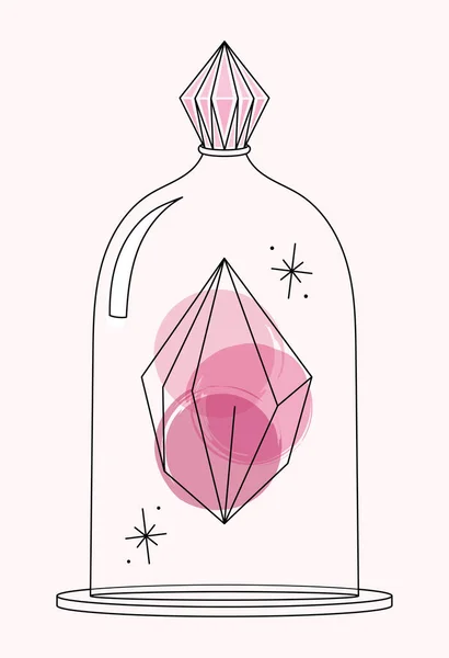 Vector bright lineart sketch rose pink quartz crystal in a glass dome. Pixiecore and fairycore — Stock Vector