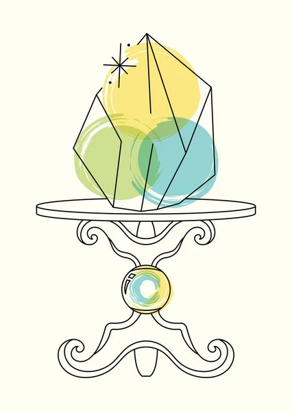 Векторний яскравий ескіз синьо-жовтого зеленого кварцового кристала на підставці. Pixiecore і Fairycore — стоковий вектор
