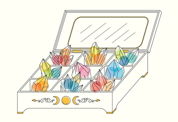 Croquis vectoriel d'art en ligne lumineuse cristaux de quartz colorés dans une boîte à bijoux. Pixiecore et fée — Image vectorielle