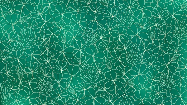 Desfocado aquarela esmeralda verde linha arte fundo com folhas de trevo e flores contornos — Vetor de Stock