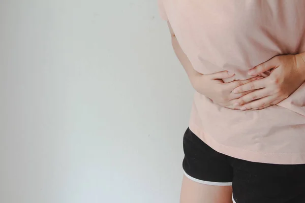 Woman Suffering Stomach Ache Feeling Abdominal Menstrual Pain Belly Abdominal — Stock Fotó