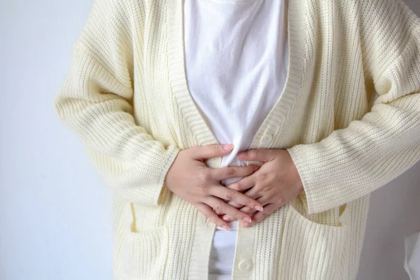 Woman Suffering Stomach Ache Feeling Abdominal Menstrual Pain Belly Abdominal — Stock Fotó