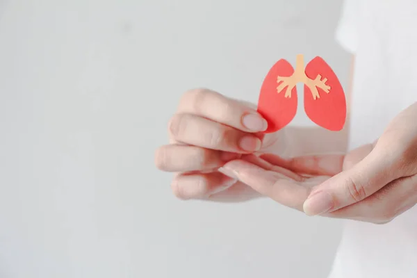 Mano Sosteniendo Forma Pulmonar Hecha Papel Sobre Fondo Azul Con — Foto de Stock