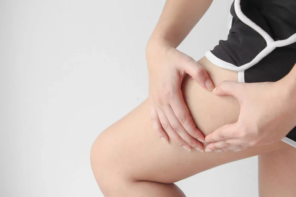 Young Woman Holding Pushing Skin Legs Cellulite Orange Peel Body — Stock Fotó