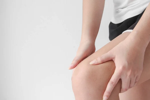 Young Woman Suffering Pain Leg Home Closeup Healthcare Medical Concept — Stockfoto