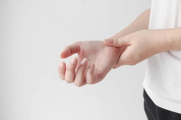 Young Female Suffering Pain Hands Massaging Her Painful Hands Hurt — ストック写真