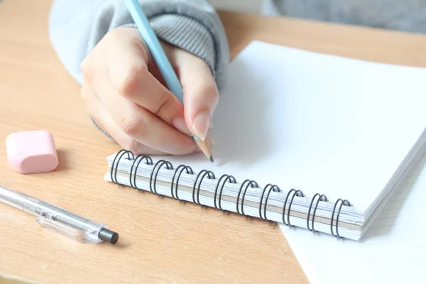 Close Woman Hand Pencil Writing Notebook Journal Plan Goals —  Fotos de Stock