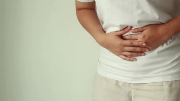 Young Woman Suffering Abdominal Pain Chronic Gastritis Abdomen Bloating Healthcare — Vídeo de Stock
