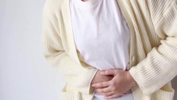 Woman Suffering Stomach Ache Holding Belly Feeling Abdominal Menstrual Pain — Vídeo de Stock