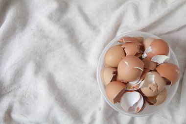 Flat lay of broken egg shell with copy pace for text, reusing eggshell for reducing the waste from kitchen and global warming effect