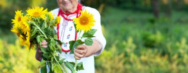 İşlemeli gömlek ve kırmızı boncuklar içinde yaşlı bir büyükannenin elindeki ayçiçeğine odaklan. Zafer jestini gösterir Ukrayna 'nın Bağımsızlık Günü, Anayasa, Bayrak
