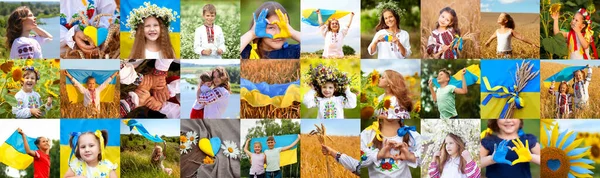 Коллаж Многих Улыбающихся Счастливых Людей Детей Флагом Сердцем Вышитых Рубашках Лицензионные Стоковые Фото