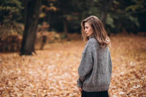 Parkta sonbaharda uzun saçlı güzel bir sarışın kız yürüyor. Sonbahar portresi