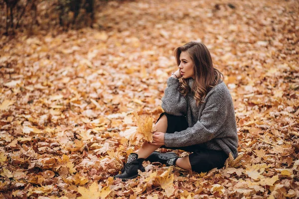 Una bella ragazza bionda con i capelli lunghi cammina in autunno nel parco. Ritratto d'autunno — Foto Stock