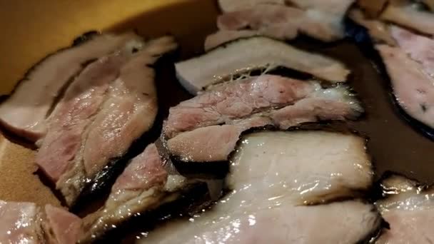 Vista Uma Frigideira Bacon Fatias Finas — Vídeo de Stock