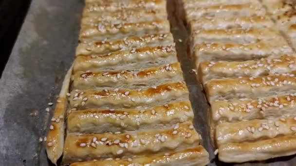 View Puff Pastry Sticks Baking Sheet Freshly Pulled Oven — Stock Video