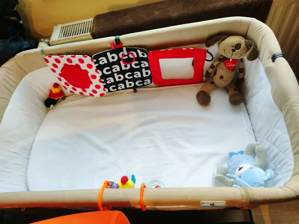 Baby Cot Pillows Shape Clouds Nursery Top View Plush Pinwheels — Stock Photo, Image