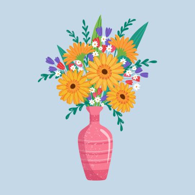 Güzel çiçek buketlerini ambalaj ve çiçek açan bitkilerde izole ettim. Gerberas ve papatya kompozisyonu. Dekoratif çiçekçi eşya mavi arkaplan