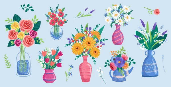 Ramos de flores en envoltura y florecimiento de la planta. gerberas y manzanilla, rosa, tulipán, lirios de la composición del valle. Floristería decorativa artículo sobre fondo azul — Vector de stock