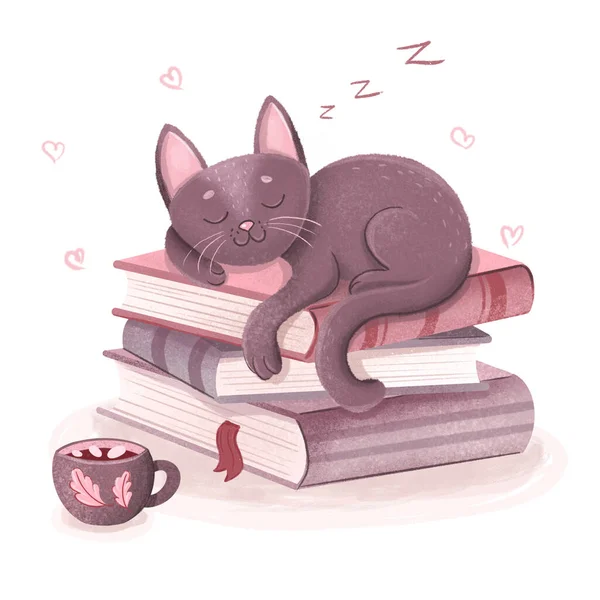 Bonito desenho à mão em um tablet gráfico. gato preto dormindo em livros com copo. — Fotografia de Stock