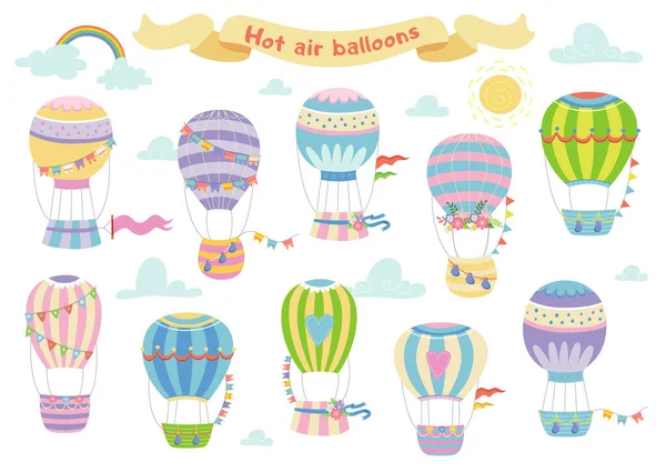 Vector illustratie van kleurrijke schattige hete lucht ballonnen aan de hemel op witte achtergrond — Stockvector