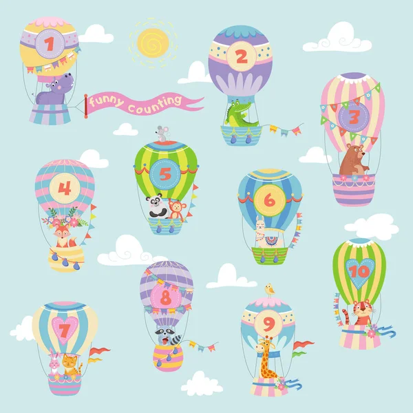 Globos de aire caliente con animales contando con el cielo sobre fondo azul Ilustración vectorial — Vector de stock