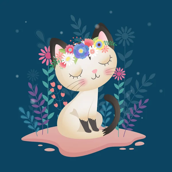 Illustration of little cute cat with leaves and flowers Spring and summer night on blue Background — Stock Vector