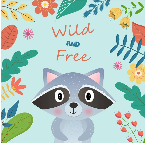 Wild und frei Illustration von kleinen niedlichen Waschbär mit Blättern und Blumen Frühling und Sommer auf blauem Hintergrund — Stockvektor