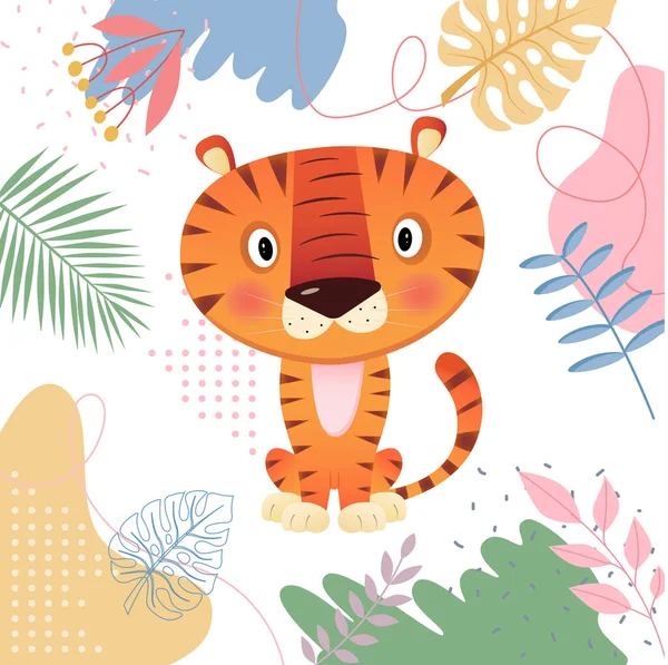 Selvagem e livre Ilustração de pequeno tigre bonito com folhas e flores Primavera e verão em fundo branco —  Vetores de Stock